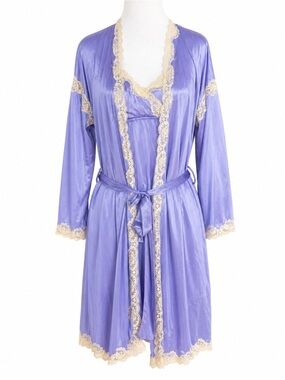 Vtg Papillon Paula Carbone Purple Satin Lace Nightgown Robe Peignoir Set 2pc‎